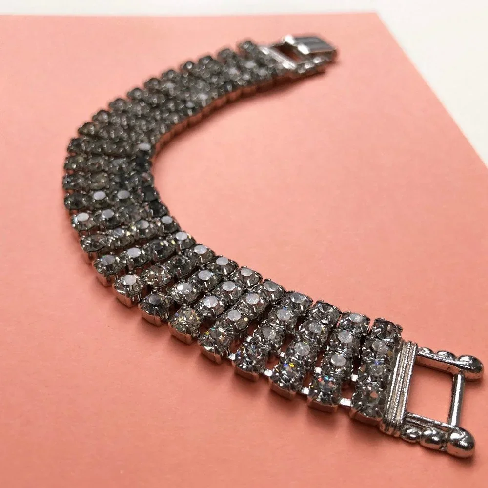 Wide rhinestone tennis bracelet, statement clear crystal bracelet 60s vintage